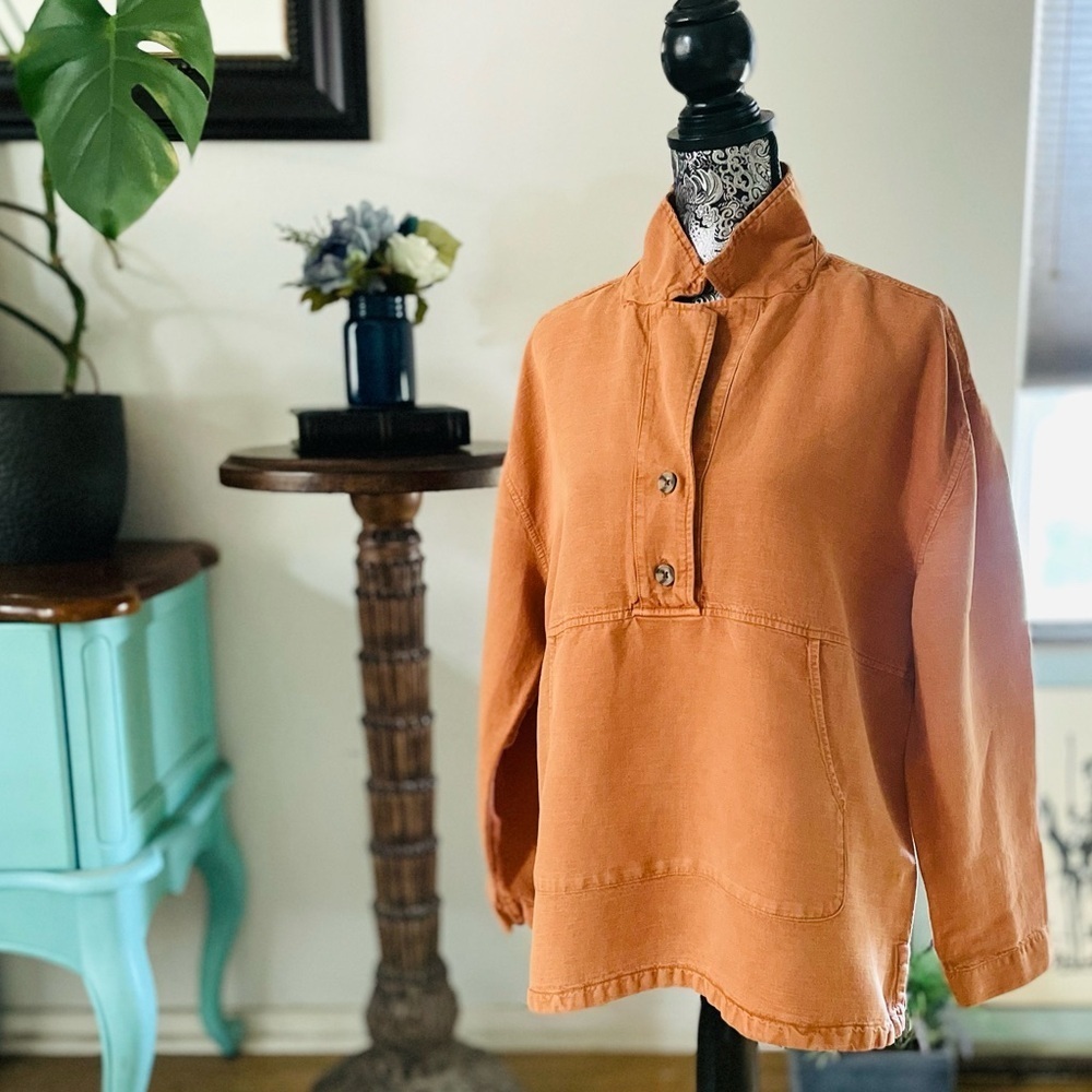 Nicole Miller Womens Large Pullover Blouse Shirt Linen Blend in Burnt Orange